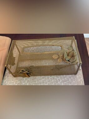 Vintage Hollywood Regency gold floral metal tissue box holder